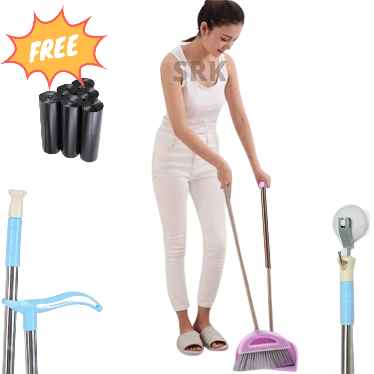 Long Handle Broom and Dustpan Set - 36.9 Inches Long Handle - Blue - Ideal for Schools, Kindergarten, Hotel, Hospital, Lobby