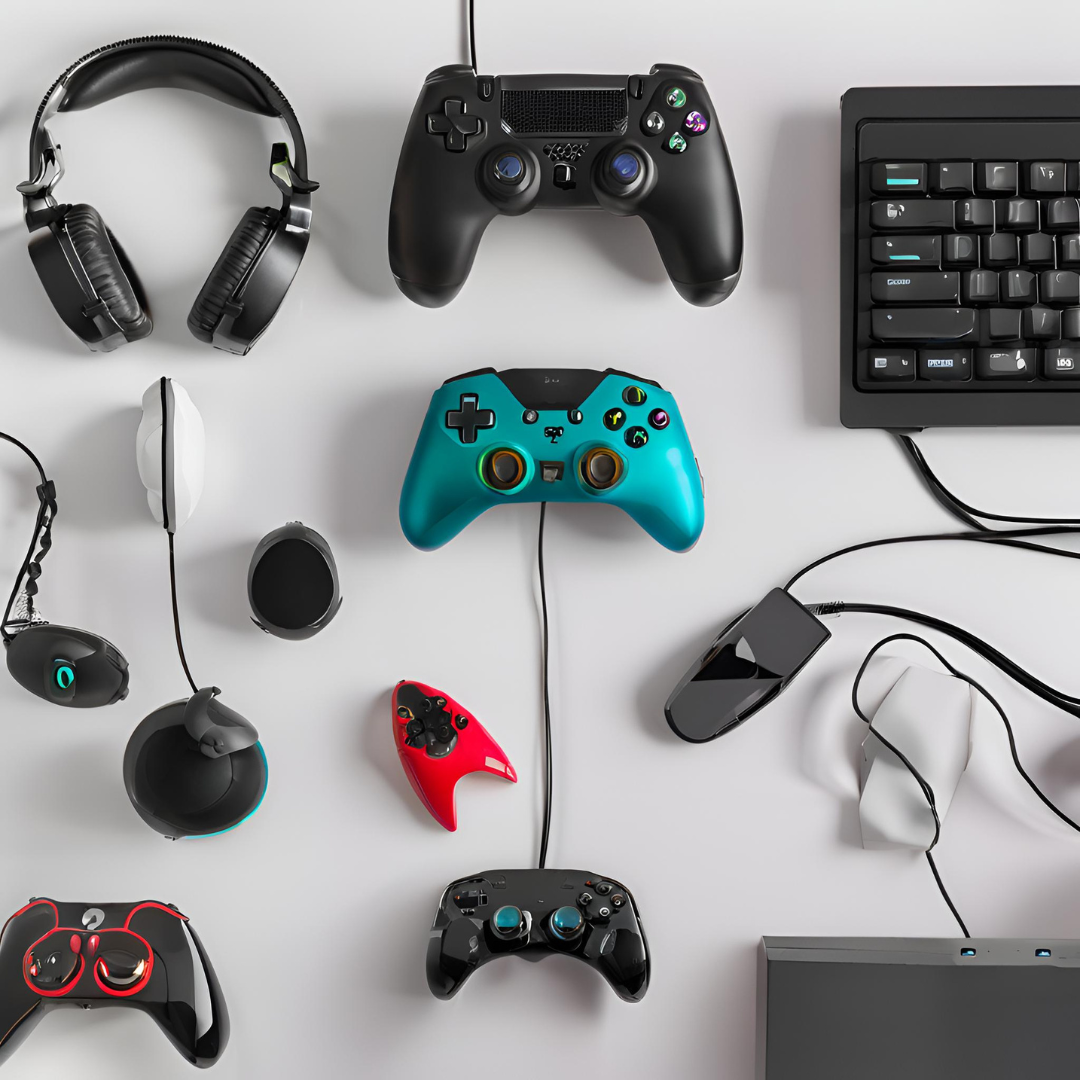 Home 12 RoboNepal Buy in Nepal A dynamic setup of various gaming accessories including controllers, headsets, and gaming keyboards, displayed in a visually engaging manner. The image should highlight the sleek design and functionality of the accessories, with a focus on their role in improving the gaming experience. The background should suggest an immersive and high-energy gaming environment, ideal for gamers looking for premium gear.